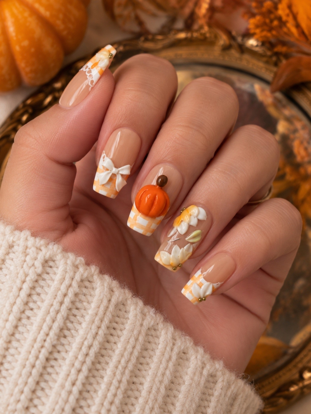 Autumn Pumpkin 3D Nail Art Set - Orange Floral French Tips